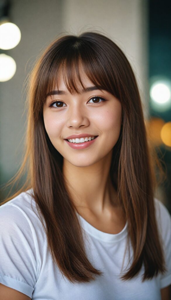 a portrait of (cute) Asia teen girl (long, straight light brown hair, bangs), (stunning), beautifully realistic, cinematic lights, realistic detailed angelic round face, (realistic detailed amber eye) looks happy at the camera, perfect curved body, (wears a super short tight (white t-shirt)), perfect anatomy, side perspective