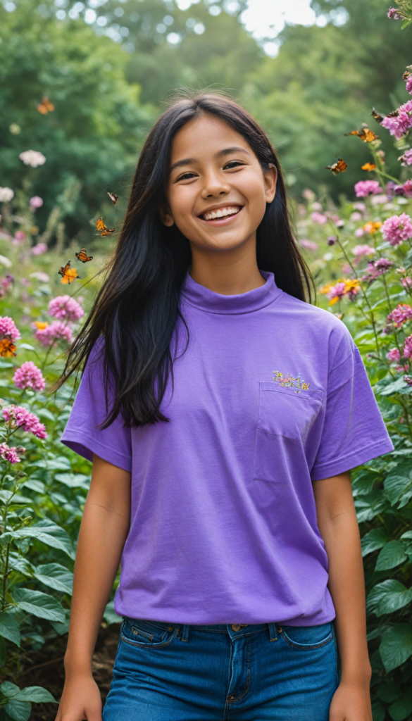 a joyful young girl radiating happiness, wearing a vibrant purple t-shirt with a tightly buttoned high collar that frames her cheerful face. Her straight, long jet-black hair cascades like a waterfall down her shoulders. She sports a pair of trendy jeans, playfully showcasing her navel as she stands confidently. The background is a dreamlike pastel landscape filled with whimsical flowers and butterflies, enhancing her infectious smile. The scene captures a sense of freedom and youth, reminiscent of a vibrant pop art painting.