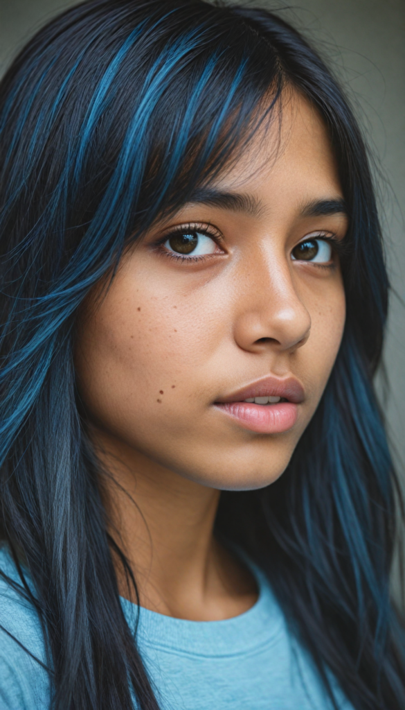 a beautifully drawn (brown-skinned teen emo girl) with flowing, softly waving (straight hair) framing her face in side bangs and highlighted by a contrasting light blue complexion, expressing a poignant feeling of melancholy and emotional detachment, set against a softly grey (backdrop)