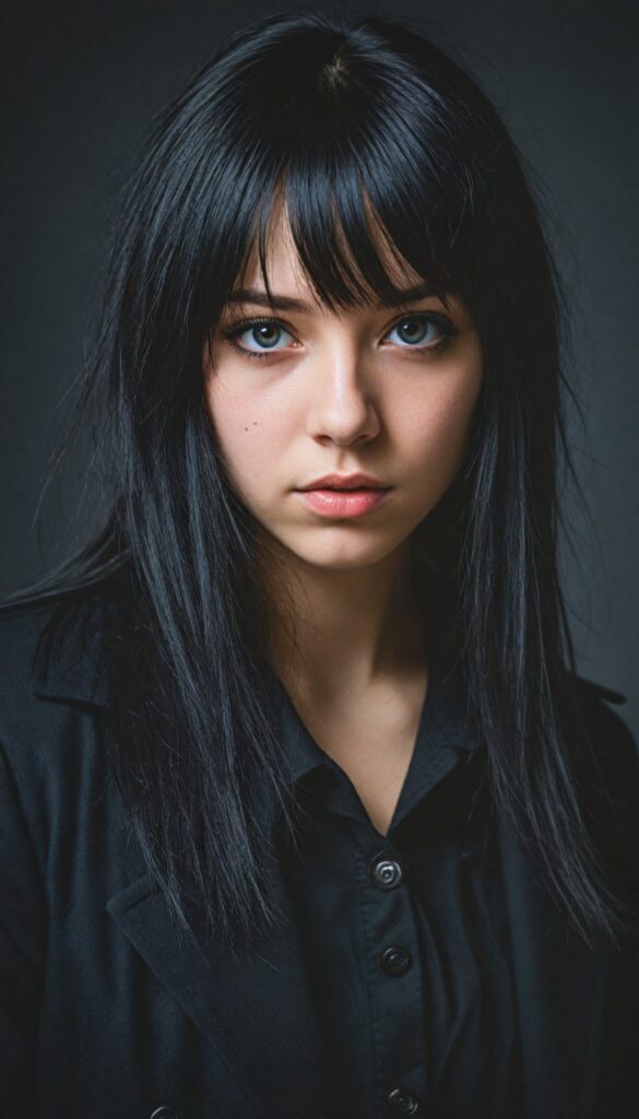 a (breathtakingly realistic upper body portrait), featuring a beautifully photo of a young Emo teen girl with exquisite facial features and striking black eyes, long straight fine black hair, bangs, dressed in a (black coat), (grey background)