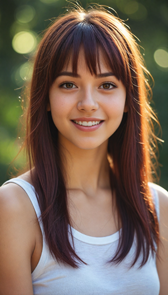 cute teen girl, detailed hair, bangs, white short cropped tank top, perfect curved body, ultra realistic face, realistic amber eyes, detailed maroon straight hair, a stunning photo with beautiful saturation, ultra high resolution, deep shadow, (best quality, masterpiece), highly detailed, depth of field, film grain, looking at viewer, warm smile, (upper body), masterpiece, ultra realistic, extremely detailed CG unity 8k wallpaper, best quality