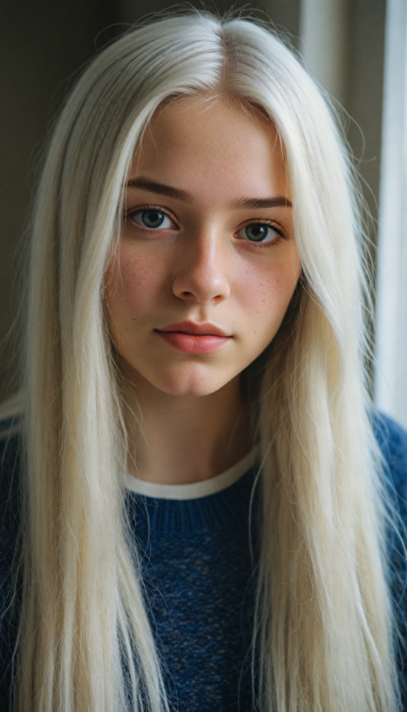 a (young teen girl), wears a super fine wool sweater, (long straight white hair) super realistic