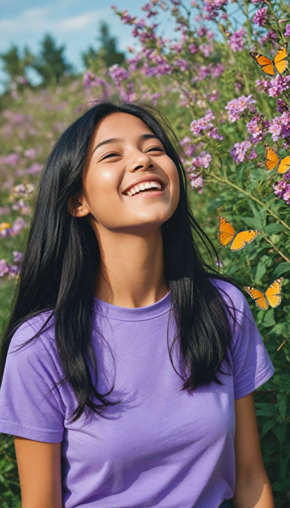 a joyful young girl radiating happiness, wearing a vibrant purple t-shirt with a tightly buttoned high collar that frames her cheerful face. Her straight, long jet-black hair cascades like a waterfall down her shoulders. She sports a pair of trendy jeans, playfully showcasing her navel as she stands confidently. The background is a dreamlike pastel landscape filled with whimsical flowers and butterflies, enhancing her infectious smile. The scene captures a sense of freedom and youth, reminiscent of a vibrant pop art painting.