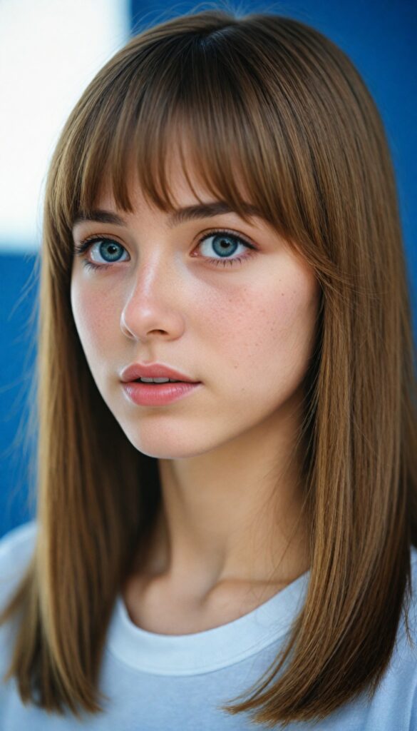 a (teen girl with bangs cut), (vividly drawn long, straight soft hazel hair) that reflects the light in a (professional night photograph), is depicted with exquisite detail, her face softly angelic yet realistically defined, big round eyes, wearing a (super short, sleek white T-shirt) against a blue backdrop, (side view)