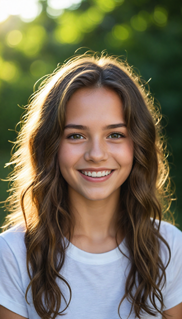 (portrait), detailed, (a young girl), long wavy soft detailed hair, realistic and detailed dark eyes, full lips, white t-shirt, smile, white teeth, against a sunny green backdrop