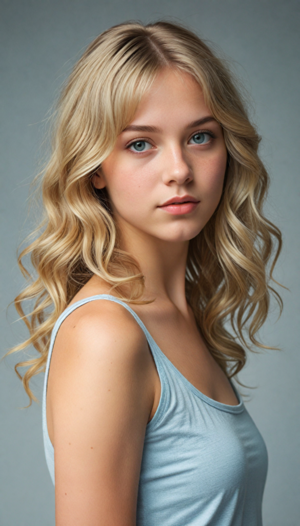 a (beautifully drawn full body portrait) of a (young teen girl with long, jet straight summer blond hair), capturing a (stunningly realistic) curl pattern, advanced facial features that exude cuteness, like (baby-doll eyes), a cropped bang haircut that frames her face, hair color that mimics (hazelnut) tones, a detailed yet angelic complexion, looking directly into the camera, a (side profile portraits), with impeccably drawn curves and contours that match her figure, against a (softly contrasting white backdrop), a short, sleeveless top and super short, cuffed pants that accentuate her (flawless anatomical proportions)