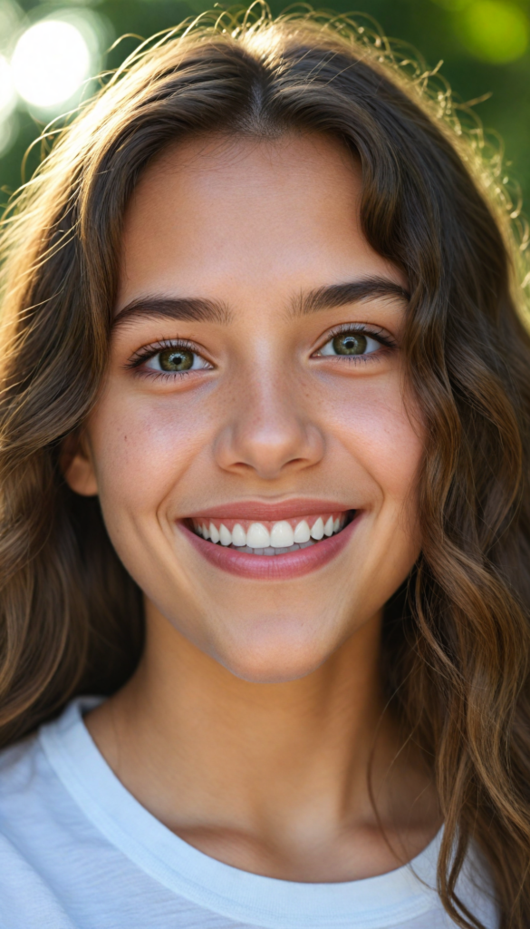 (portrait), detailed, (a young girl), long wavy soft detailed hair, realistic and detailed dark eyes, full lips, white t-shirt, smile, white teeth, against a sunny green backdrop