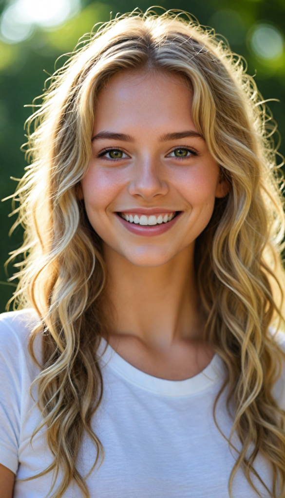 a detailed and realistic portrait from a young girl, long summer blond wavy hair, realistic and detailed dark eyes, full lips, white t-shirt, smile, white teeth, against a sunny green backdrop