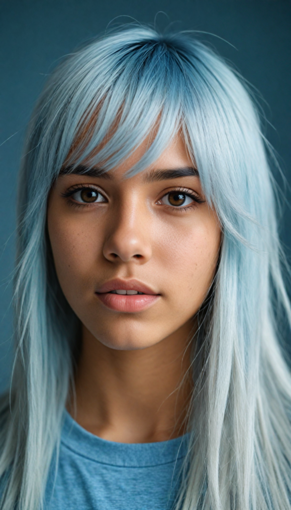 a beautifully drawn (brown-skinned teen emo girl) with flowing, softly waving (straight white hair) framing her face in side bangs and highlighted by a contrasting light blue complexion, expressing a poignant feeling of melancholy and emotional detachment, set against a softly grey (backdrop)