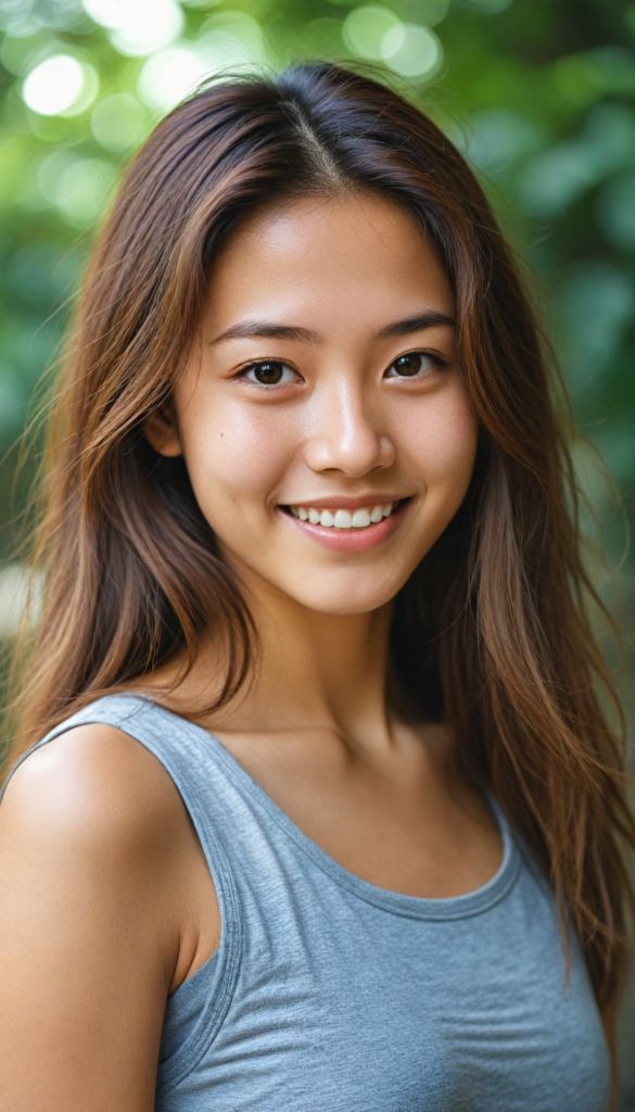 a very nice young Japanese girl, portrait shot, her long hazelnut hair falls over her shoulders, warm smile, she wears a grey tank top, perfect curved body