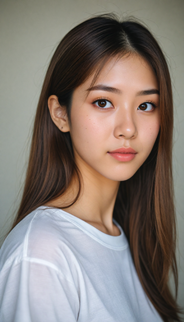 a (stunningly elegant and cute long, straight hazelnut hair) Japanese (teen girl) with a (realistically detailed angelic round face) and (realistically detailed hazelnut eyes) looking pensively at the camera in a (perfectly drawn portrait shot) against a (flawlessly detailed, realistic skin color) backdrop, wearing a (super short, tight white t-shirt made on thin silk), her flawless form elegantly framed by a side perspective, without any (background details)