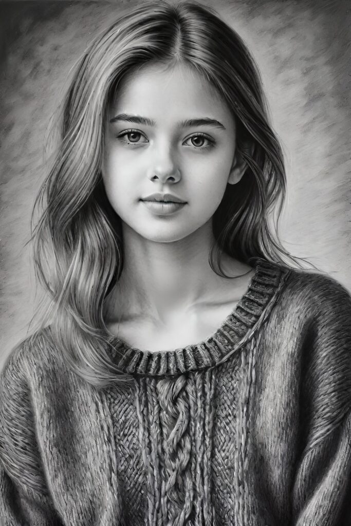 super realistic, detailed, ((gorgeous)) ((stunning)) cute young breasted girl, full portrait, 18 years old, charcoal drawing, thin wool sweater