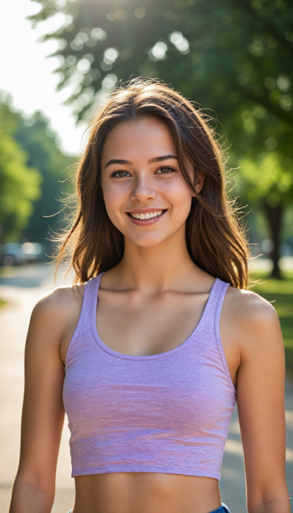 a stunning and gorgeous teen girl, perfect curved body, detailed and realistic full portrait, stand in front of viewer at a sunny day, smile, she wears a light violet plain summer tank top, super realistic and round face, shiny eyes, you can see her navel