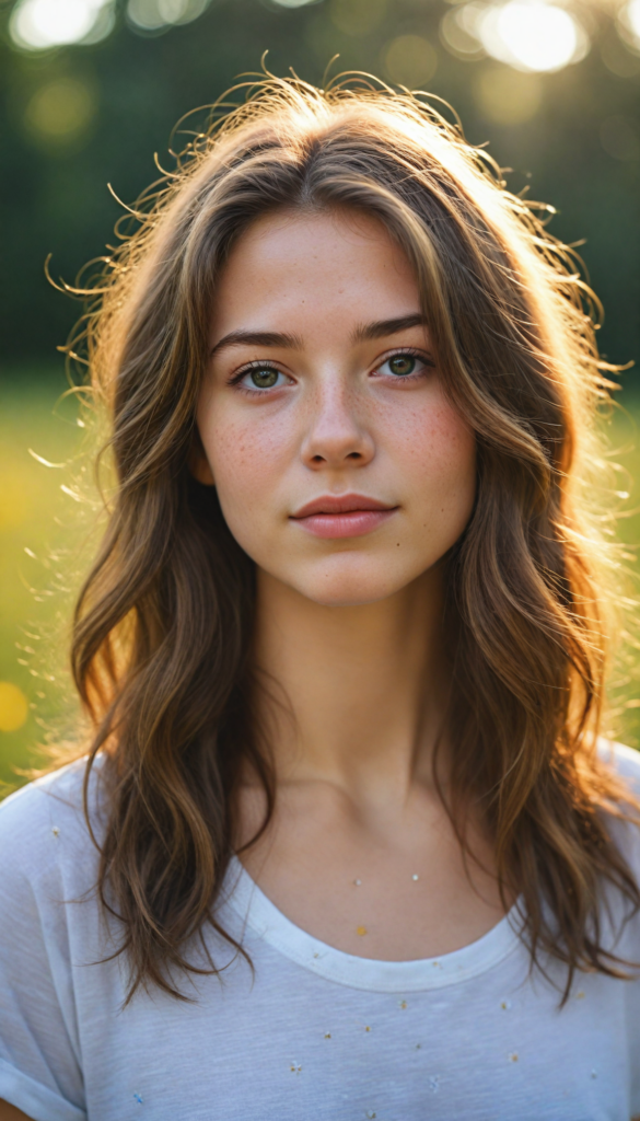 a captivating close-up portrait of a young teen girl with soft, flowing brown hair illuminated by golden sunlight, wearing a casual white t-shirt. Her expressive eyes reflect a world of dreams, adorned with delicate freckles across her cheeks, capturing an enchanting essence. The background is a blurred meadow filled with wildflowers, creating a serene atmosphere that highlights her beauty. The image exudes warmth and charm, evoking a sense of youthful wonder and joy.