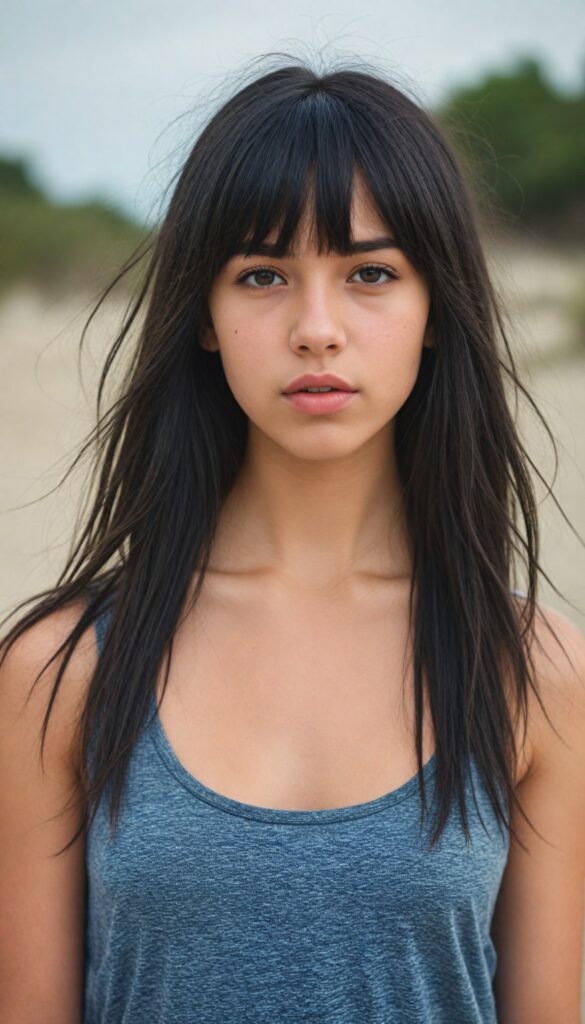 a realistic, detailed face, (super cute) (petite), (emo teen girl) with long, flowing (dark grey super soft hair, bangs), (dark crop tank top), (vividly drawn full kissable lips), all against a backdrop of a (serene, sandy beach)