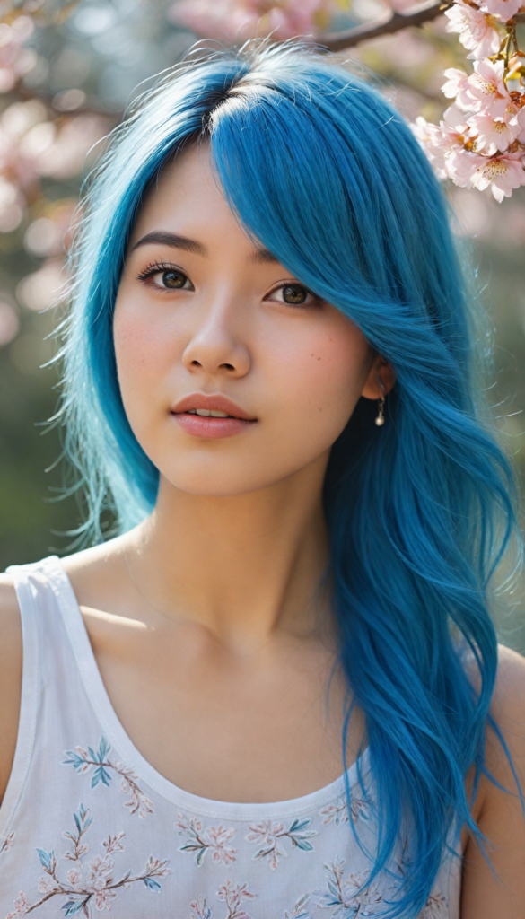 a hyper-realistic, intricately detailed portrait of a stunning young Asian girl with flowing, sapphire-blue hair that cascades like silk. Her gentle gaze is both playful and introspective, inviting the viewer into her world. She wears a delicate white tank top adorned with subtle floral embroidery, which softly contrasts with the vibrant hues of her hair. The background is a dreamy blend of soft pastel colors, evoking a serene atmosphere, with hints of sunlight filtering through a cherry blossom tree, adding a touch of ethereal beauty to the scene.