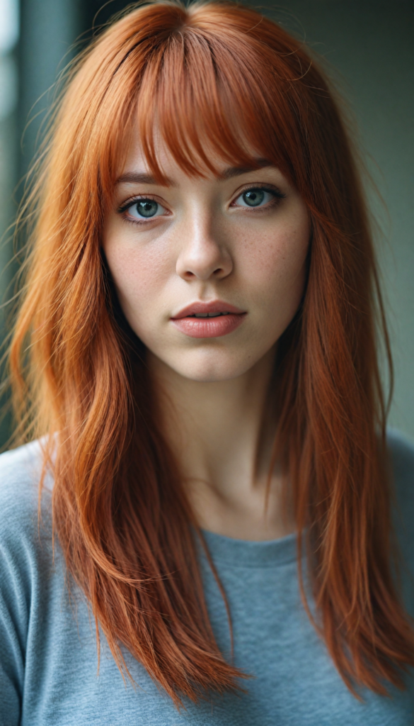 a stunningly detailed (photograph) representing a (girl) with intricate, realistically drawn features like dynamically detailed straight long flowing red hair with bangs framing her face, full lips, eyes looking seductively with mouth slightly open, striking realistic and detailed eyes all against a sophisticated, softly lit (background) where she wears a modern minimalist grey t-shirt