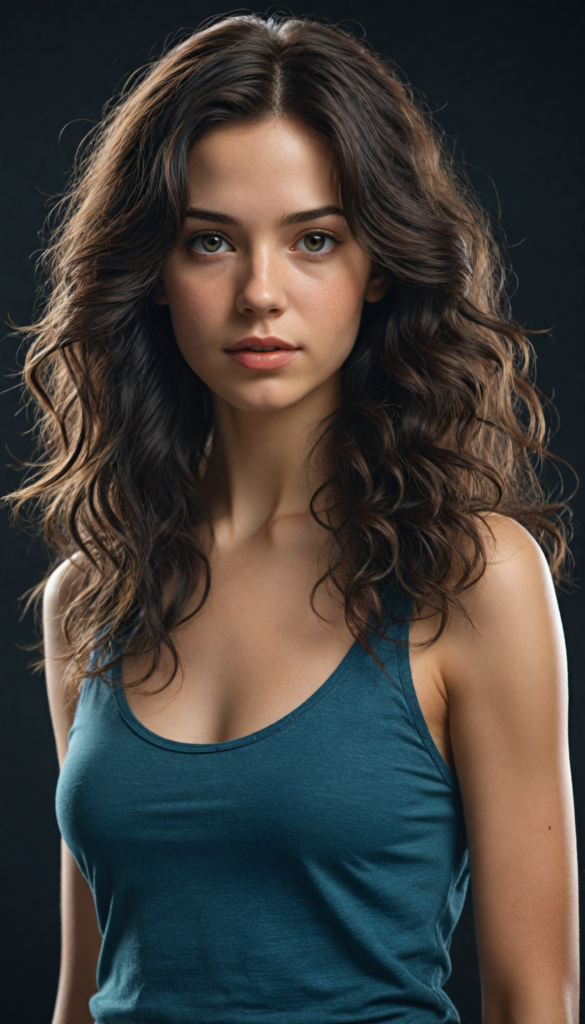 a (super realistic and highly detailed full-body photo), capturing a (beautiful and innocent Caucasian girl) with (very long, thick, wavy black hair), and (a short, cropped tank top), she stands in a (dark, gloomy setting) with (volumetric lighting) that brings out her (natural features) and (beautiful eyes), set against a (plain, dark backdrop) that focuses on her face, with (black hair) (perfect, accurate anatomy) and (high quality, high detail) that make her a (super-realistic, 3D character)