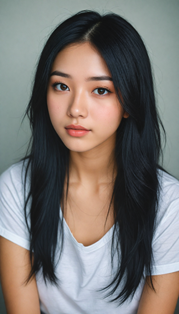 a (((stunningly elegant and cute long, straight obsidian black hair))) Japanese (((teen girl))) with a (((realistically detailed angelic round face))) and (((realistically detailed hazelnut eyes))) looking pensively at the camera in a (((perfectly drawn portrait shot))) against a (((flawlessly detailed, realistic skin color))) backdrop, wearing a (super short, tight ((white t-shirt))), her flawless form elegantly framed by a side perspective, without any (background details)