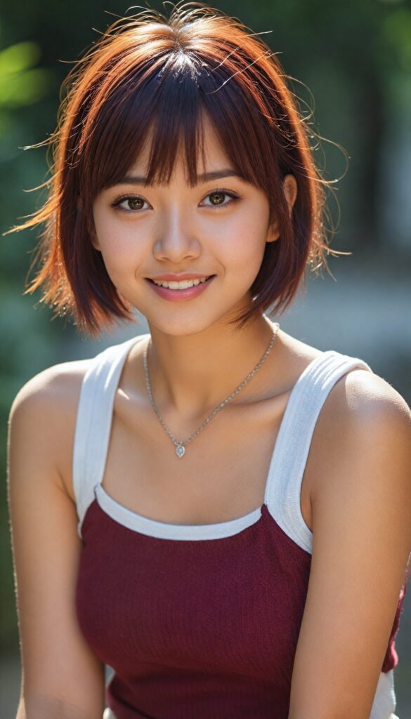 cute Filipino teen girl, detailed hair, Korea styled bangs, white short cropped tank top made of soft wool, perfect curved body, ultra realistic face, realistic amber eyes, detailed maroon straight hair, a stunning photo with beautiful saturation, ultra high resolution, deep shadow, (best quality, masterpiece), highly detailed, depth of field, film grain, looking at viewer, warm smile, (upper body), masterpiece, ultra realistic, extremely detailed CG unity 8k wallpaper, best quality, no necklace and chain