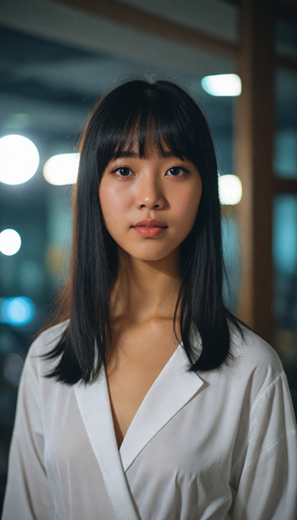 ortrait of a cute Asian girl, black straight hair, bangs cut, white night suit