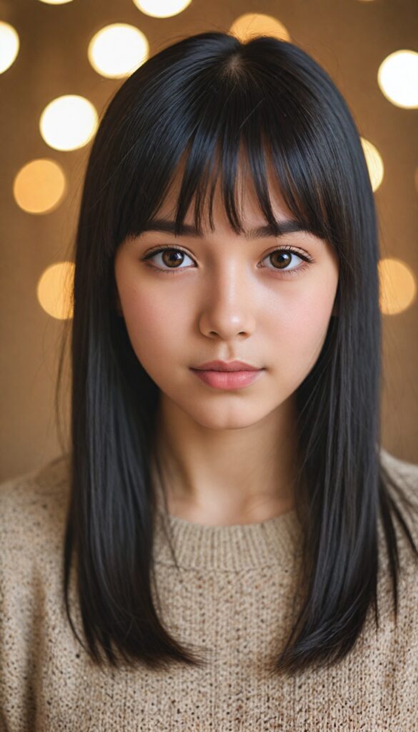 create a portrait of a cute, beautiful, sweet, kind, adorable, breathtaking, delicate, pretty, graceful, elegant, very young girl with long, straight, silky black hair, bangs, light brown eyes, full lips, wearing a warm sweater. (The background is slightly blurred)