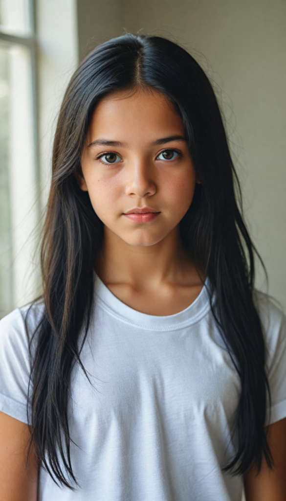 super realistic, detailed portrait, a beautiful young girl with long obsidian hair looks sweetly into the camera. She wears a white t-shirt.