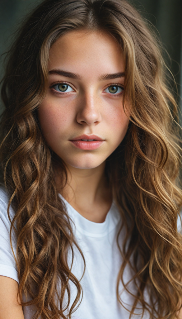 detailed and realistic photo from a young teen girl, soft long brown wavy hair, realistic eyes and face, close up portrait, white t-shirt, (gorgeous) (stunning)