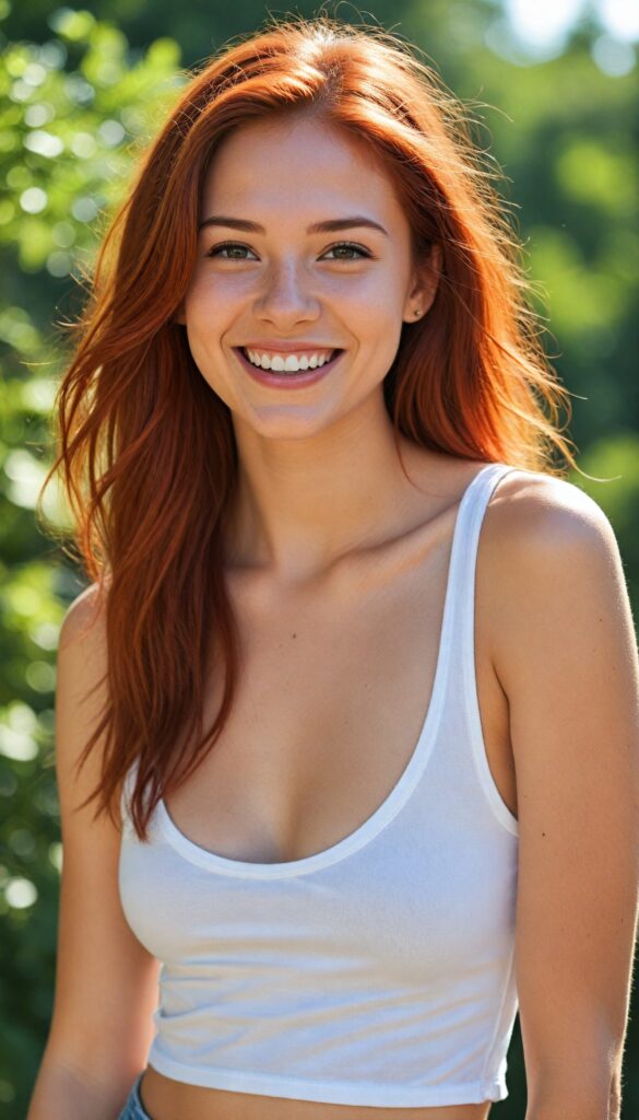 a (realistic and detailed photo), capturing a (cute, attractive, gorgeous, stunning teen girl) with a super short, tight, deep v-neck, plain cropped tank top, (curved body), (long straight jet soft red hair), warm smile, sunny backdrop, she smile very happy, white teeth