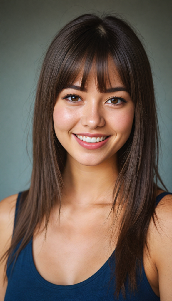 (upper body portrait) of a (beautiful) (cute) girl, (very long jet brown straight jet hair), (bangs), (plump lips), (seductive look), wide open front, (perfect curvy body), (tank top, deep v-neck), (cheerful smile), (face illuminated), (looking into the camera)