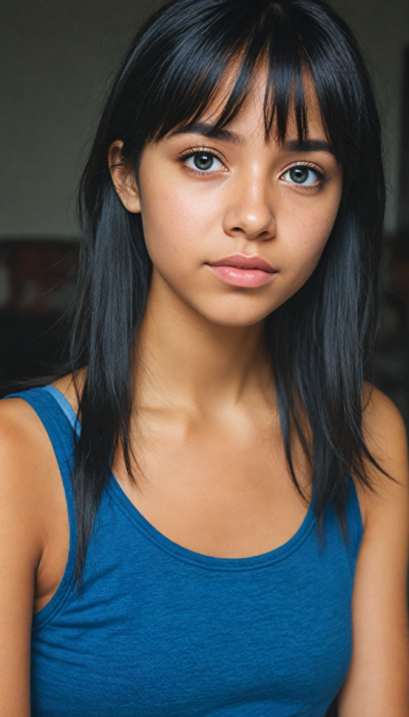 super realistic, 4k, detailed face, cute young Latino teen girl, long obsidian black straight soft hair, bangs cut, wear a blue crop tank top, looks at the camera, portrait shot, super realistic amber eyes