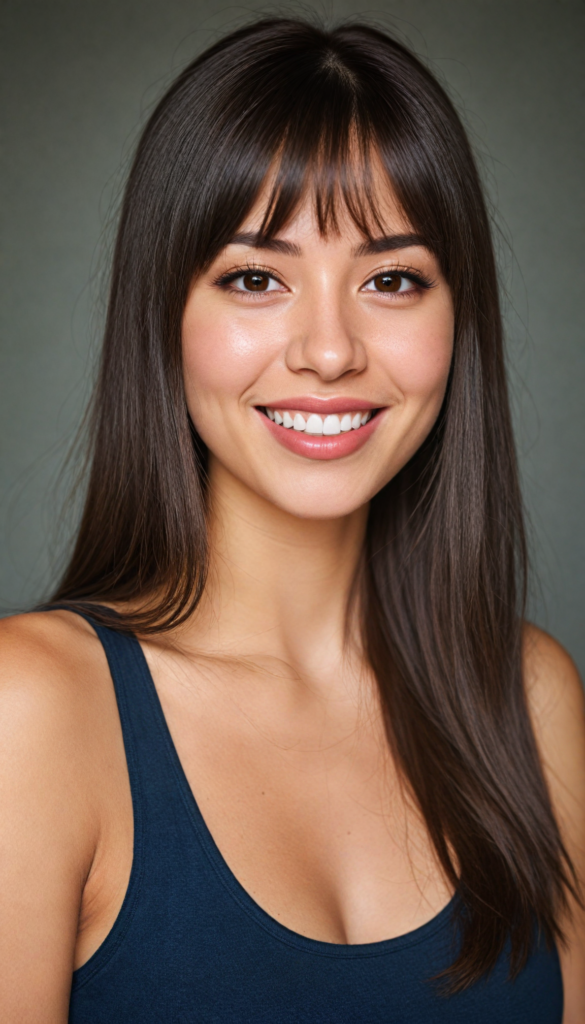 (upper body portrait) of a (beautiful) (cute) girl, (very long jet brown straight jet hair), (bangs), (plump lips), (seductive look), wide open front, (perfect curvy body), (tank top, deep v-neck), (cheerful smile), (face illuminated), (looking into the camera)