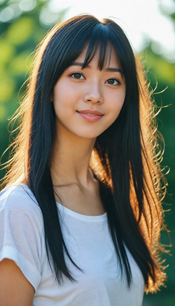 a detailed and realistic photo from a (cute) Oriental teen girl (long, straight jet hair, bangs), (stunning), (gorgeous), beautifully realistic, cinematic lights, realistic detailed angelic round face, (realistic detailed amber eye) looks happy at the camera, perfect curved body, (wears a super short tight (white t-shirt)), perfect anatomy, side perspective, against a sunny green backdrop