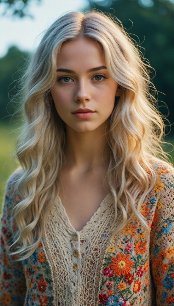 a whimsical young teen girl with long, flowing white hair, adorned in a luxurious, intricately knitted super fine wool sweater featuring vibrant patterns inspired by nature, standing in a sun-drenched meadow filled with colorful wildflowers, the sunlight casting a golden hue on her delicate features, hyper-realistic style reminiscent of a detailed portrait painting, capturing both the softness of the fabric and the shimmering quality of her hair.