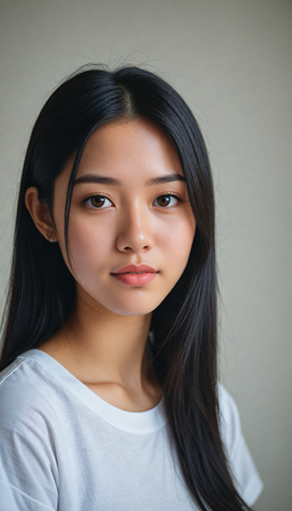 a (((stunningly elegant and cute long, straight obsidian black hair))) Japanese (((teen girl))) with a (((realistically detailed angelic round face))) and (((realistically detailed hazelnut eyes))) looking pensively at the camera in a (((perfectly drawn portrait shot))) against a (((flawlessly detailed, realistic skin color))) backdrop, wearing a (super short, tight ((white t-shirt))), her flawless form elegantly framed by a side perspective, without any (background details)