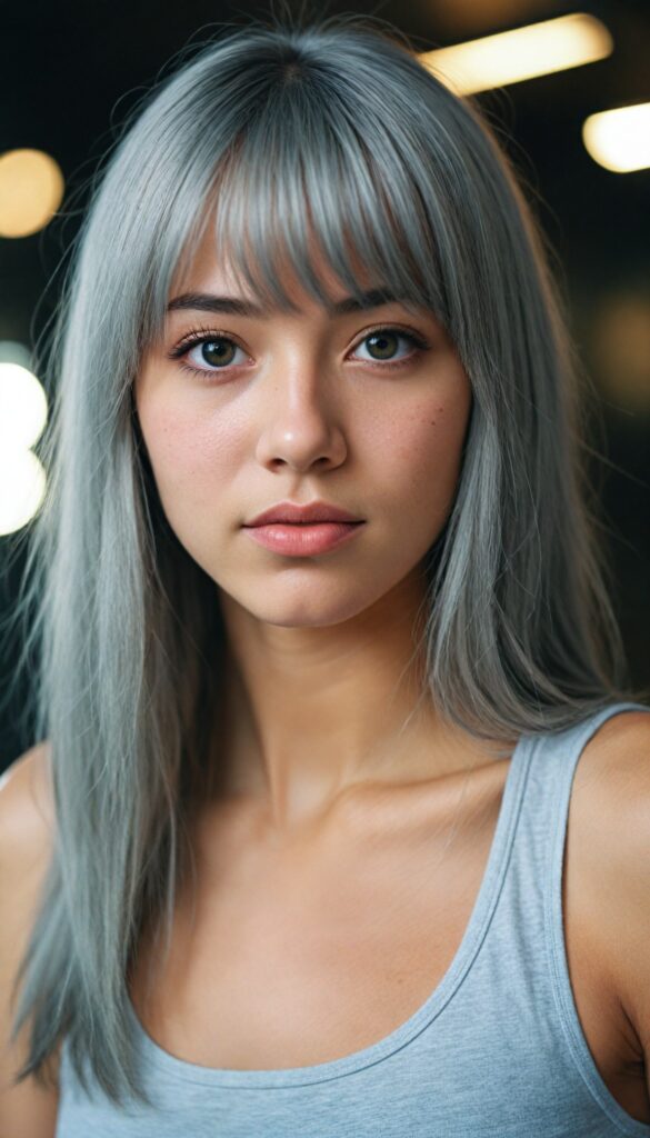 (portrait) of (cute) (elegant) (attractive) (long, straight grey hair) (stunning) a beautifully realistic, cinematic lights, teen girl, bangs cut, realistic detailed angelic round face, (realistic detailed hazelnut eye) looks sadly at the camera, portrait shot, perfect curved body, (wears a super short tight (tank top)), perfect anatomy, side perspective