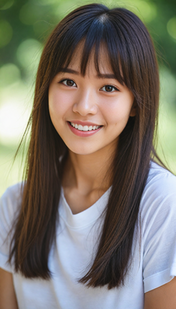 (portrait), detailed, (a young Korea girl), long straight soft detailed hair, Korean Style Bangs, realistic and detailed dark eyes, full lips, white t-shirt, smile, white teeth