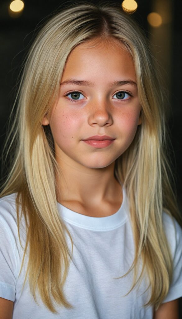 detailed and super realistic photo: a cute young girl with long, soft blond hair, she wears a plain short white t-shirt