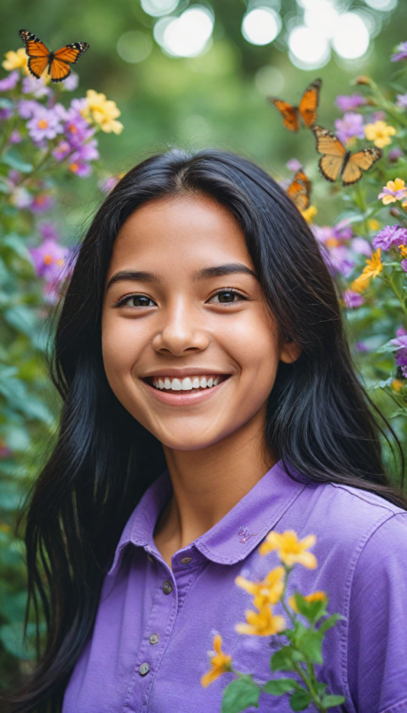 a joyful young girl radiating happiness, wearing a vibrant purple t-shirt with a tightly buttoned high collar that frames her cheerful face. Her straight, long jet-black hair cascades like a waterfall down her shoulders. She sports a pair of trendy jeans, playfully showcasing her navel as she stands confidently. The background is a dreamlike pastel landscape filled with whimsical flowers and butterflies, enhancing her infectious smile. The scene captures a sense of freedom and youth, reminiscent of a vibrant pop art painting.