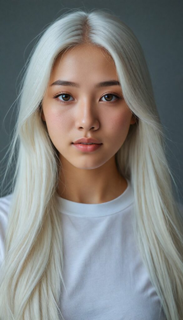 a breathtakingly (realistic portrait), capturing the essence of youthful beauty, featuring a (Asian teen girl) who exudes (serene elegance), with long, flowing (straight platinum white hair), and a (flawlessly detailed angelic face), where her (soft, realistic hazelnut eyes), she is clad in a white T-shirt, with flawless anatomical proportions that draw the eye, against a (subtle, uncluttered backdrop of white). The overall atmosphere evokes a (cinematic sophistication) that exudes timeless appeal