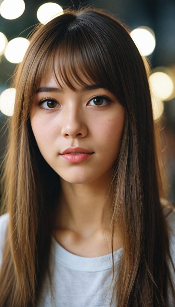 (portrait) of (cute) (elegant) (attractive) (long, straight hazelnut hair) (stunning) a beautifully realistic, cinematic lights, Japanese teen girl, bangs cut, realistic detailed angelic round face, (realistic detailed hazelnut eye) looks sadly at the camera, portrait shot, perfect curved body, (wears a super short tight (tank top)), perfect anatomy, side perspective