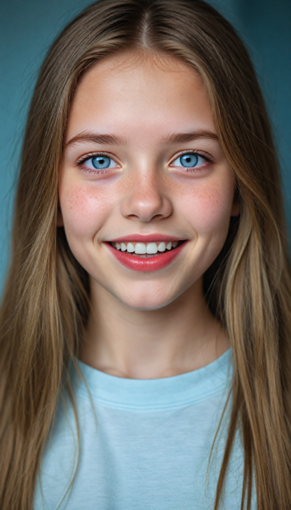 a (detailed portrait) from a silvery-skinned (young innocent girl), long soft straight light brown hair, white t-shirt, light blue eyes, (full red lips), mouth slightly open, white teeth