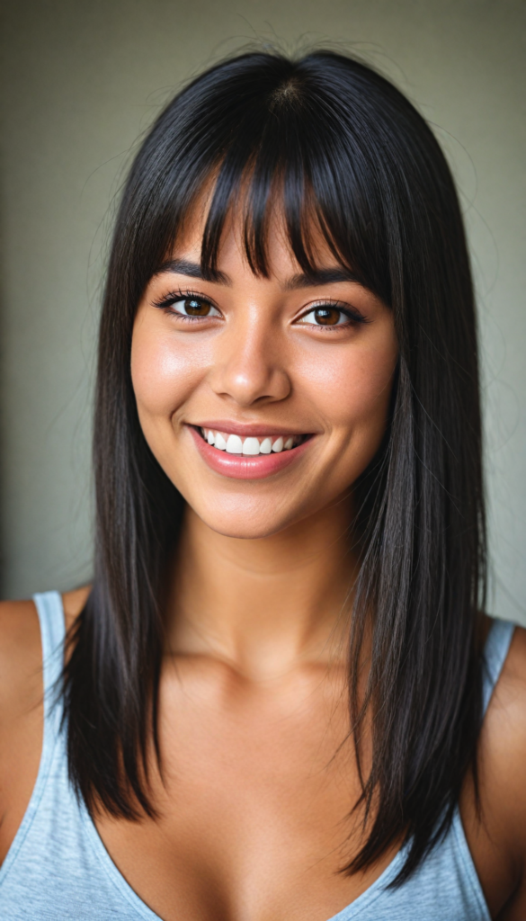 (close up portrait) of a (beautiful) (cute) (tanned) girl, (very long jet brown-black straight hair), (bangs), (plump lips), (seductive look), wide open front, (perfect curvy body), (tank top, deep v-neck), (cheerful smile), (face illuminated), (looking into the camera)