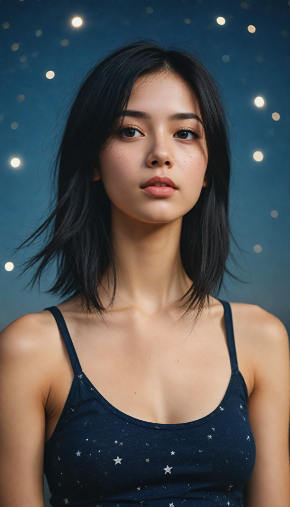 generate a photorealistic upper body image of a (realistically drawn passionate emo girl with long soft black straight hair, wears a short form-fitting cropped tank top, caught in a moment of surprise) featuring intricate details and realistic textures that mimic the look of (amber eyes), paired with a (starry night sky) backdrop. The scene should embody the (passionately emotive style) associated with the name, bringing together the (softly twinkling starlight) and (deeply felt emotional depth) that define this captivating aesthetic