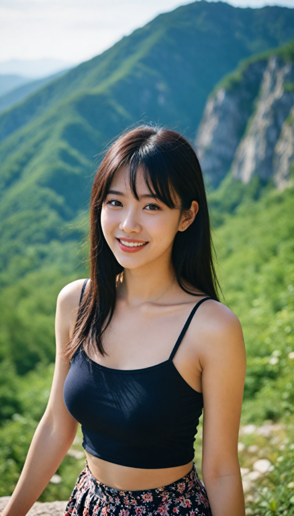 a (detailed and perfect portrait) of a (beautiful young cute Korean babe, warm smile, perfect body), round head and eyes, full red lips, with (very long, straight soft jet black hair), bangs cut, wearing a (deep neckline cropped spaghetti tank top in flower style and tattered short mini skirt) (top of the mountain) (beautiful landscape)