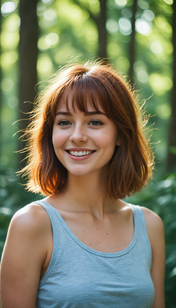 a stunning teenage girl with rich auburn hair cut into stylish bob bangs, wearing a chic, form-fitting tank top that contrasts beautifully with the soft, dappled light filtering through a lush, natural forest background; her radiant smile exudes pure joy and warmth, capturing the essence of a sunlit afternoon; details of delicate sunbeams dancing around her, giving a magical aura, evoking a blend of vibrant realism and whimsical charm reminiscent of a contemporary portrait painting.