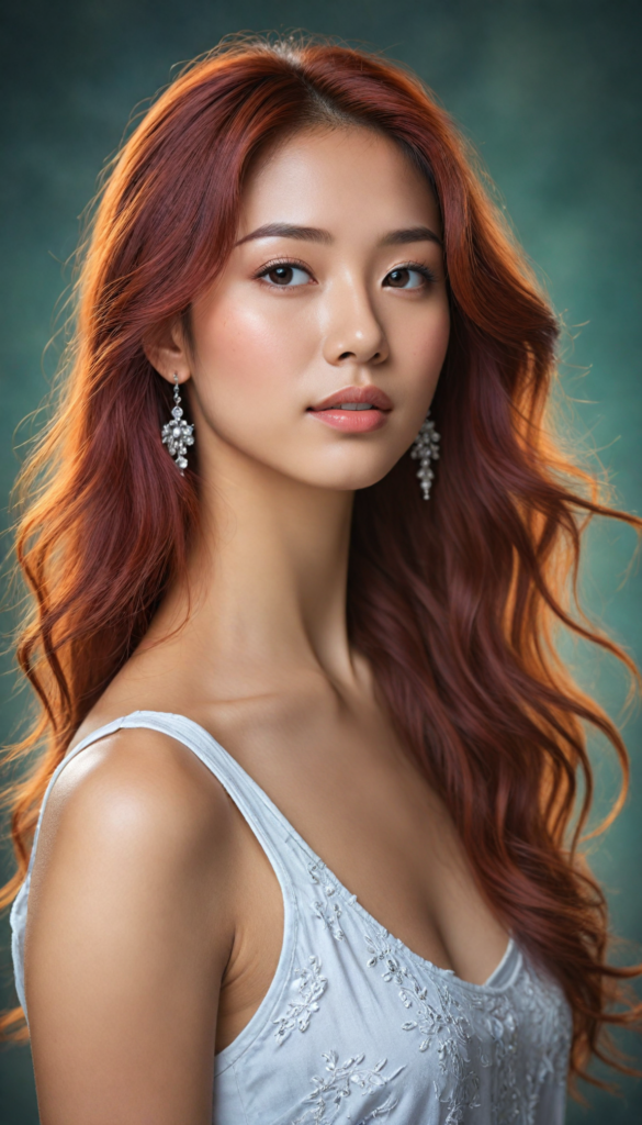 hyper-realistic, intricately detailed portrait of a stunning young Asian woman with flowing, soft red hair cascading down her shoulders, caught in an ethereal glow. Her enchanting round eyes sparkle with depth and emotion, inviting the viewer into her world. She wears a delicate, flowing white tank top that hints at elegance, accessorized with shimmering silver earrings. The background features a dreamlike bokeh of soft pastel colors, blending seamlessly to enhance her beauty, with hints of floral motifs echoing a whimsical fairytale vibe. The lighting is warm and inviting, casting gentle shadows that accentuate her features, creating a sense of serenity and charm.