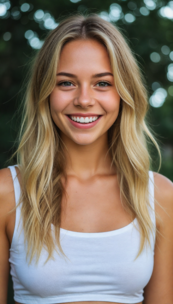 a beautifully detailed portrait, highlighting the upper body of a youthful girl with a flawless figure, dressed in a (low-cut crop top), smile very happy, white teeth, detailed round face, long straight summer blond hair