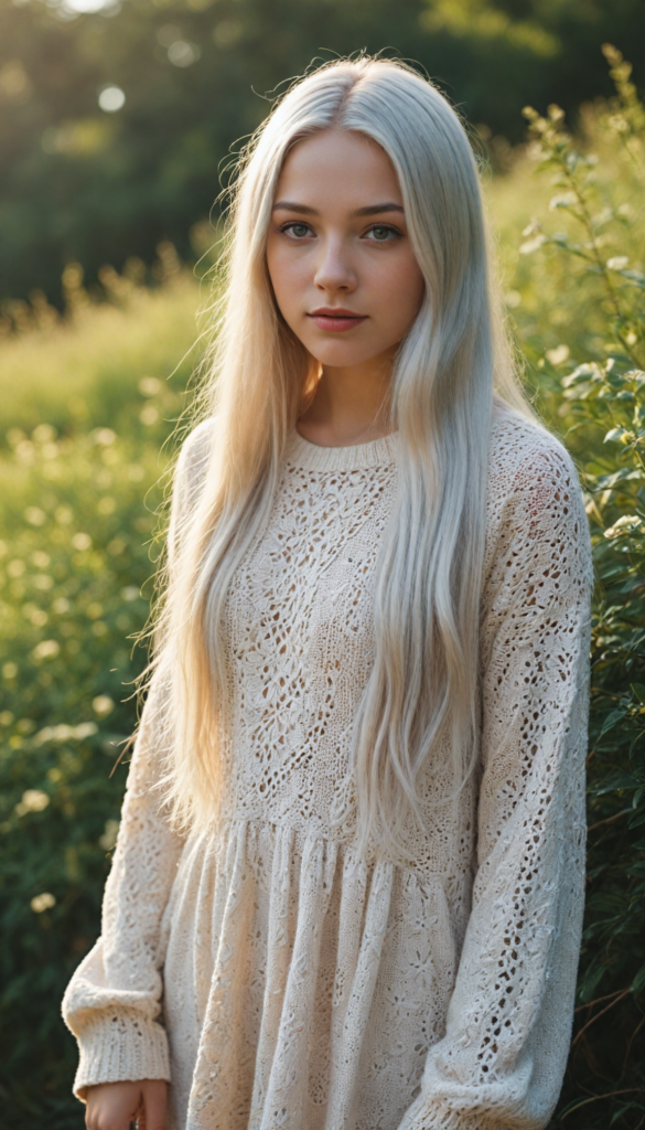 a whimsical young teen girl with cascading long straight white hair, wearing an exquisitely detailed super fine wool sweater adorned with intricate motifs, set against a dreamy pastel landscape; the scene is bathed in soft golden sunlight, evoking a magical, fairy-tale aura, in the style of classic children's book illustrations combined with a touch of contemporary realism.