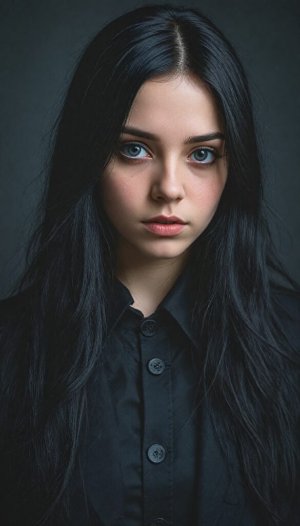 a (breathtakingly realistic full body portrait), (dark fantasy concept) featuring a beautifully drawn close-up of a young gothic teen girl with exquisite facial features and striking black eyes, long straight fine black hair, dressed in a (black coat), (grey background)